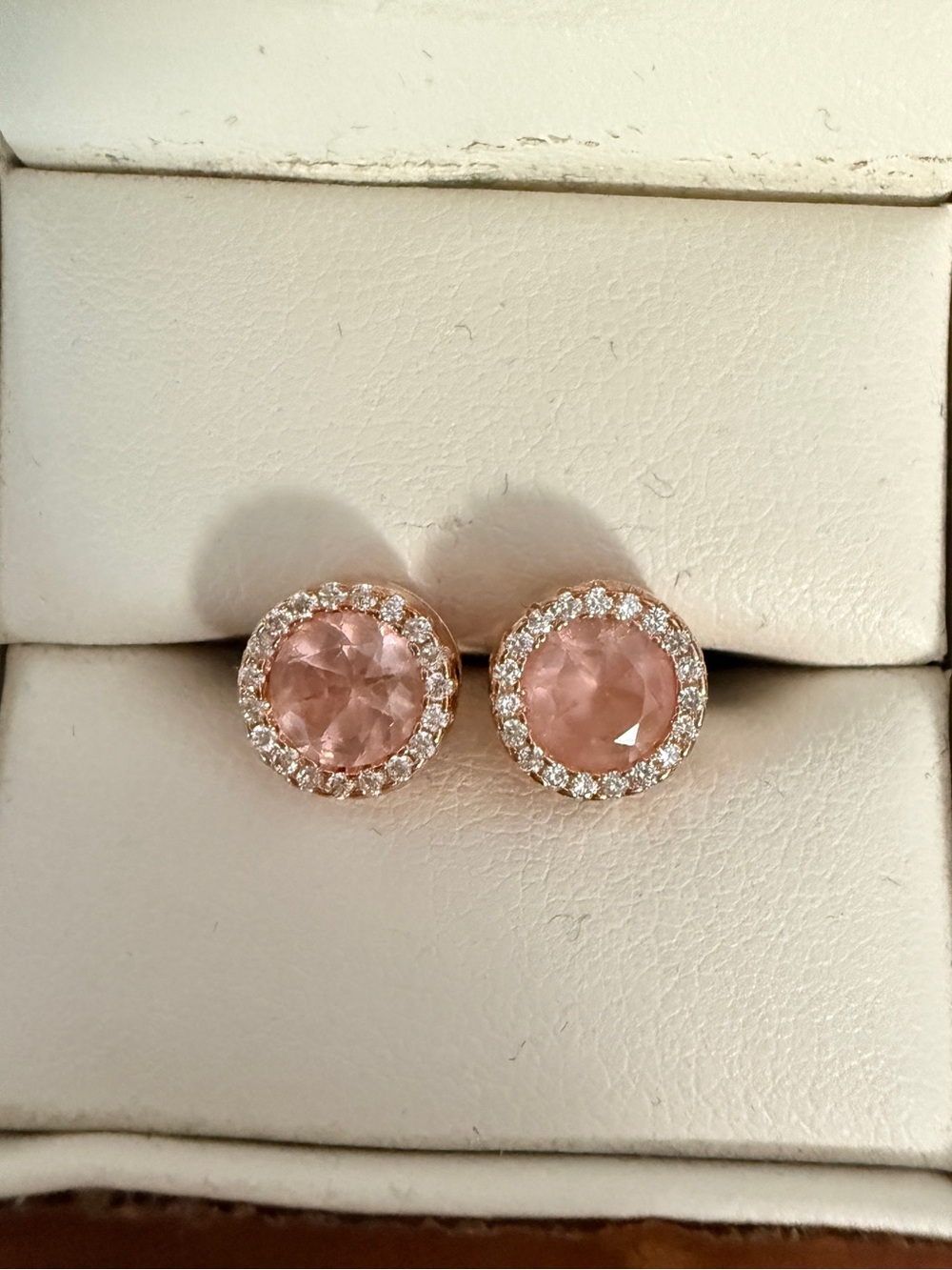 Morganite simulant with cubic zirconia halo earrings.